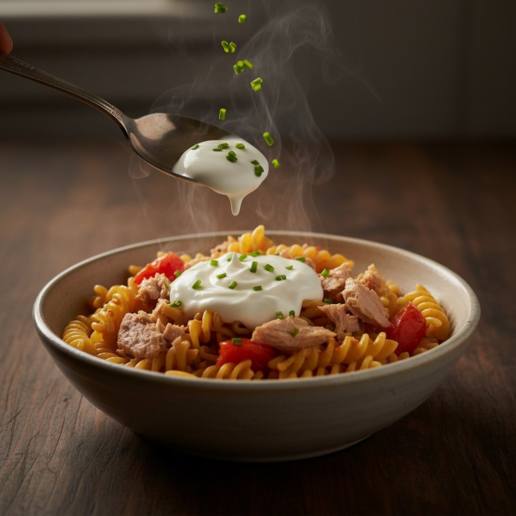 Final step: spooning Greek yogurt onto the steaming pasta